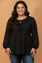 Plus size blouse, bow tie front top, puff sleeve peplum, elegant plus size fashion, women’s long sleeve blouse, curve-flattering tops, office to weekend wear.