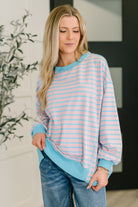 Color Clash Pullover, Striped French Terry Top, Drop Shoulder Long Sleeve, Women’s Casual Striped Shirt, High Stretch Boutique Top, Pastel Oversized Pullover, Comfortable Everyday Wear
