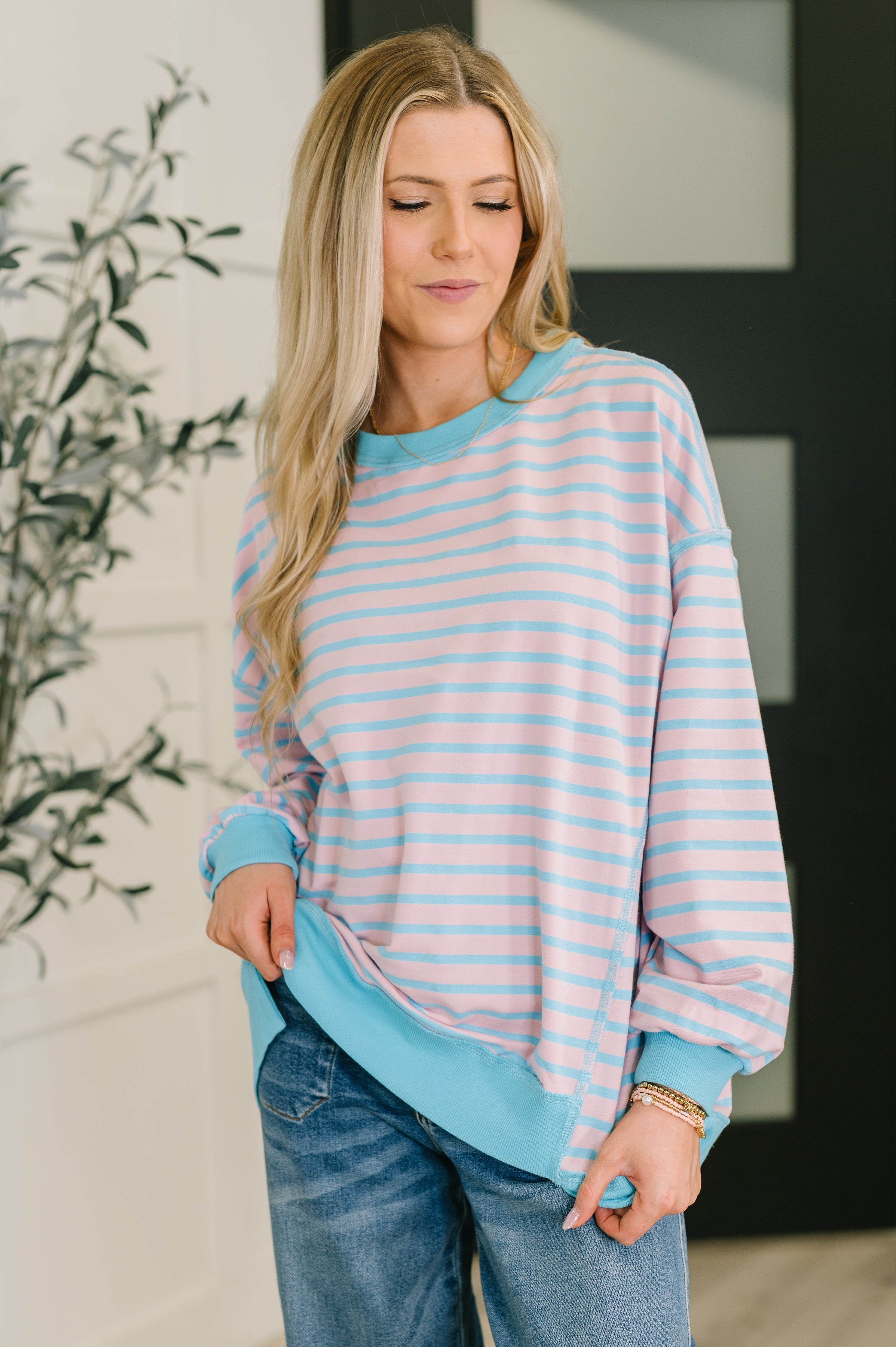 Color Clash Pullover, Striped French Terry Top, Drop Shoulder Long Sleeve, Women’s Casual Striped Shirt, High Stretch Boutique Top, Pastel Oversized Pullover, Comfortable Everyday Wear