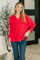 oversized v-neck tunic, crinkle woven top, smocked cuff blouse, 3/4 sleeve tunic, women's red tunic, textured fashion top, effortless chic clothing, structured oversized blouse, collared v-neck top