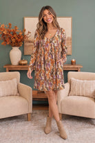 floral babydoll dress, fall mini dress, long sleeve floral dress, autumn botanical print, dress with pockets, empire waist mini, boho fall fashion, orange and plum floral dress