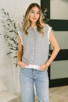 Striped sweater vest, cap sleeve knit top, button down sweater, women's high stretch top, versatile layering piece, chic striped knitwear, soft viscose sweater, modern workwear.