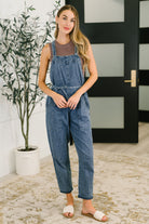 chambray overalls, cotton denim overalls, tie waist jumpsuit, women's blue overalls, lightweight cotton overalls, casual summer overalls, dark blue jumpsuit