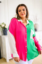 Color block button up, women’s Kelly green top, pink and green shirt, textured woven blouse, oversized button down, office wear for women, Sunday brunch outfit, lightweight rayon top, crinkle fabric shirt, FabKnits fashion.