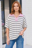 Oversized striped polo, pink collar shirt, preppy casual top, ivory and black stripe tee, lightweight knit polo, women's relaxed fit top, sporty chic fashion.
