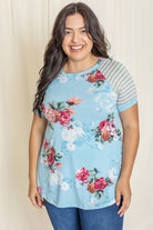 plus size tunic, floral top, stripe sleeve shirt, made in USA clothing, women's boutique tops, floral stripe mix, plus size fashion, summer tunic