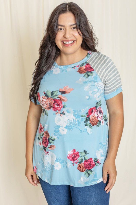 plus size tunic, floral top, stripe sleeve shirt, made in USA clothing, women's boutique tops, floral stripe mix, plus size fashion, summer tunic