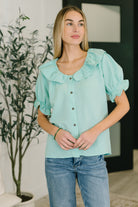 balloon sleeve blouse, ruffle neck top, crinkle woven shirt, romantic women's tops, whimsical fashion, button down blouse, boho chic clothing, textured rayon blouse