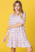 Ditsy floral dress, square neck mini dress, puff sleeve floral dress, summer mini dress, cottagecore fashion, made in USA women's clothing, white floral sundress, boho mini dress.