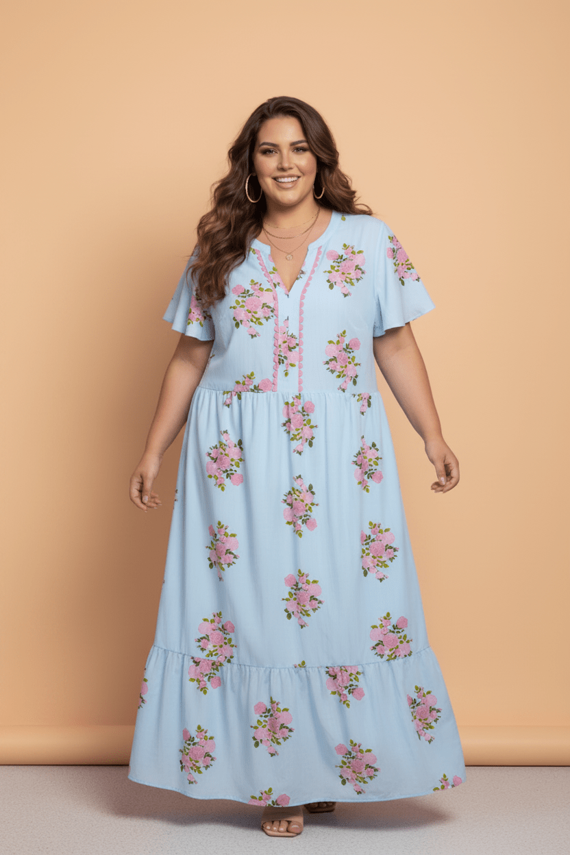 luxury plus size dress, designer floral maxi, scalloped trim gown, premium summer resort wear, high-end garden party dress, cotton viscose luxury dress, exclusive plus size fashion