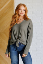 Ribbed knit top, tie front shirt, lettuce hem top, V-neck knit top, women's casual tops, Gabby neckline shirt, versatile everyday fashion, soft knit blouse.