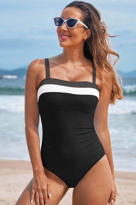 tummy control swimsuit, square neck one piece, colorblock swimwear, slimming one piece, women's designer beachwear, supportive bathing suit, chic monokini