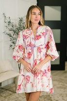 floral mini dress, puff sleeve cotton dress, women's summer floral dress, boho v-neck dress, travel dress with pockets, 100% cotton floral dress, romantic getaway outfit, lightweight sun dress