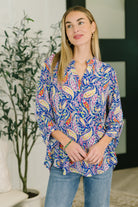 royal blue paisley top, women's v-neck blouse, Bulgari fabric top, 3/4 sleeve roll tab shirt, paisley print tunic, scoop hem top, boho chic blouse, blue paisley fashion, wrinkle-resistant women's tops
