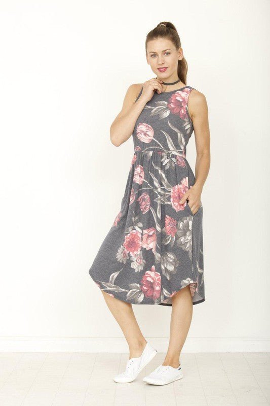floral midi dress, dress with pockets, sleeveless midi dress, summer floral dress, made in USA dress, casual midi dress, women's floral print dress