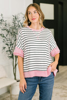 Human Nature top, striped jersey knit, contrast trim shirt, dolman sleeve tee, boxy fit womens top, cable knit detail, casual chic apparel, boutique knitwear.