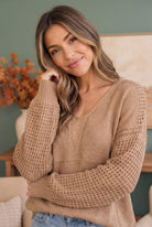 Caramel sweater, crochet sleeve knit, V-neck cotton sweater, oversized knitwear, boho style sweater, women's caramel top, lightweight fall sweater, scallop neck sweater.