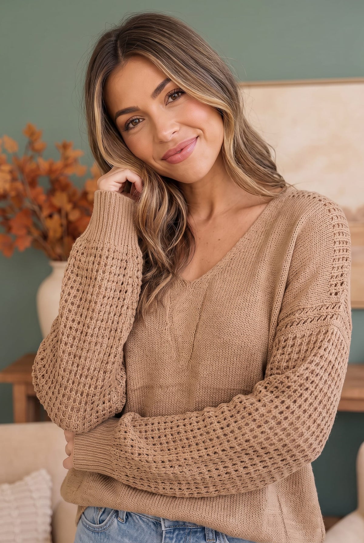 Caramel sweater, crochet sleeve knit, V-neck cotton sweater, oversized knitwear, boho style sweater, women's caramel top, lightweight fall sweater, scallop neck sweater.