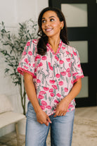 Floral poplin blouse, V-neck ruffle top, crochet trim blouse, pink floral top, puff sleeve blouse, feminine woven top, women's spring fashion, elegant floral shirt.