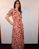Boho floral dress, V-neck maxi dress, summer floral gown, ruffle maxi dress, wrinkle-resistant dress, breathable floral dress, bohemian chic style, high waist maxi, sky blue floral dress, fiery red maxi.