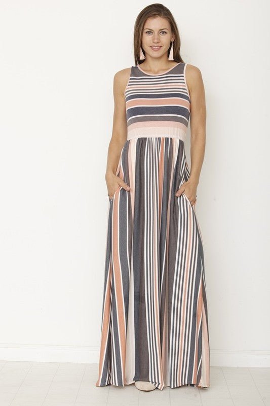 striped maxi dress, pink and navy dress, maxi dress with pockets, women's casual maxi, made in USA dress, summer stripe dress, long dress with pockets, soft stretch maxi