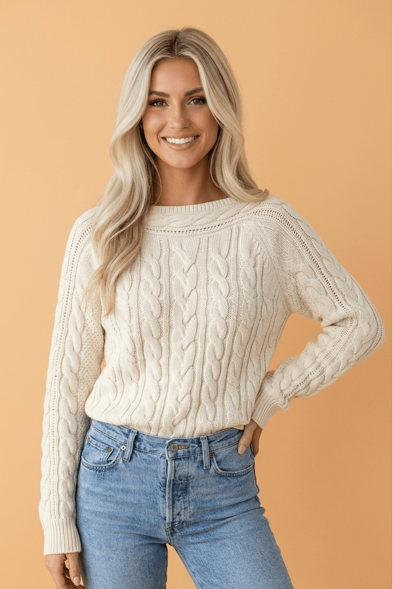 cable knit sweater, women's crew neck sweater, drop shoulder sweater, cotton blend knitwear, classic boutique sweater, long sleeve autumn top, breathable winter layers.
