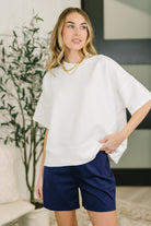 Off white ribbed top, boxy knit shirt, women's drop shoulder tee, stretchy ribbed knit, minimalist off white blouse, oversized short sleeve knit, capsule wardrobe essentials.