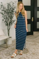 Striped Maxi Dress, Sleeveless Maxi, Navy Stripe Dress, Jersey Knit Dress, Summer Maxi, Side Slit Dress, Women's Casual Dress, Stretchy Maxi Dress, Boutique Maxi Dress.