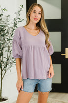 Cotton gauze blouse, bubble sleeve peasant top, babydoll shirt, lavender boho blouse, feminine V-neck top, breathable cotton clothing, raw hem peasant blouse, women's summer tops.