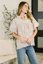 Floral Blouse, Ruffle Neck Top, Balloon Sleeve Blouse, Notch Neck Floral Top, Women's Poplin Blouse, Boho Floral Shirt, Spring Garden Style, Whimsical Fashion