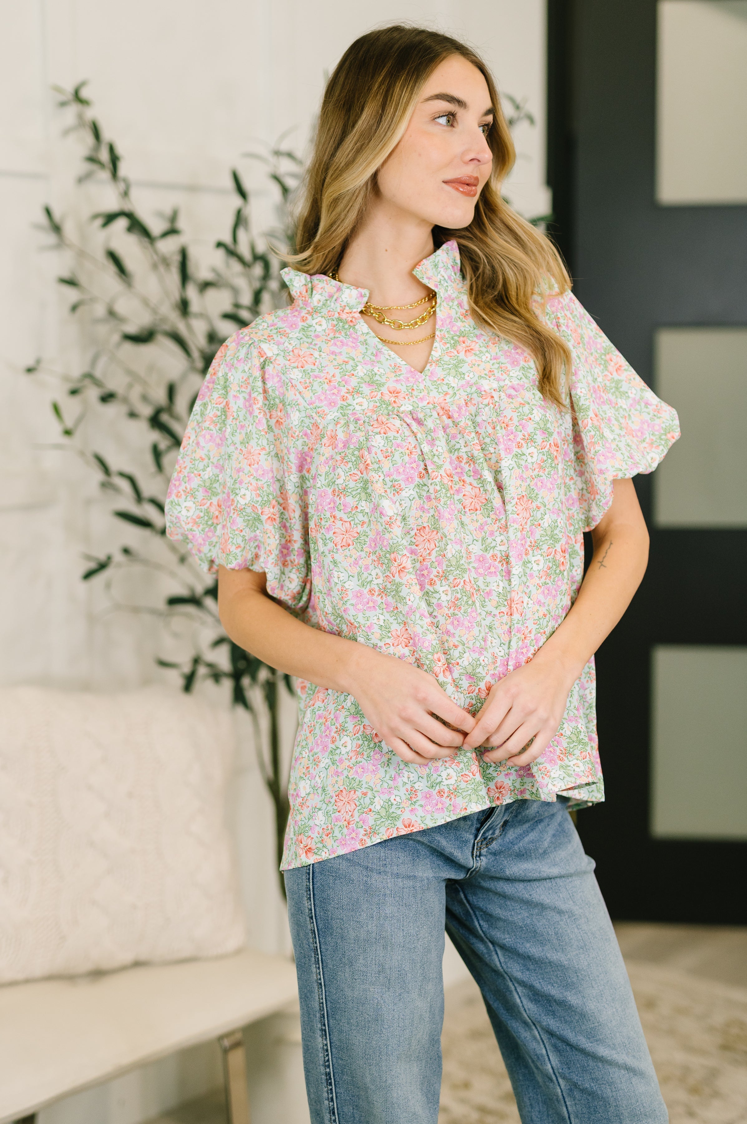 Floral Blouse, Ruffle Neck Top, Balloon Sleeve Blouse, Notch Neck Floral Top, Women's Poplin Blouse, Boho Floral Shirt, Spring Garden Style, Whimsical Fashion