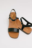 Black ankle strap sandals, square toe flats, women’s summer sandals, nubuck leather shoes, gold hardware sandals, comfortable black flats, Soda brand sandals.
