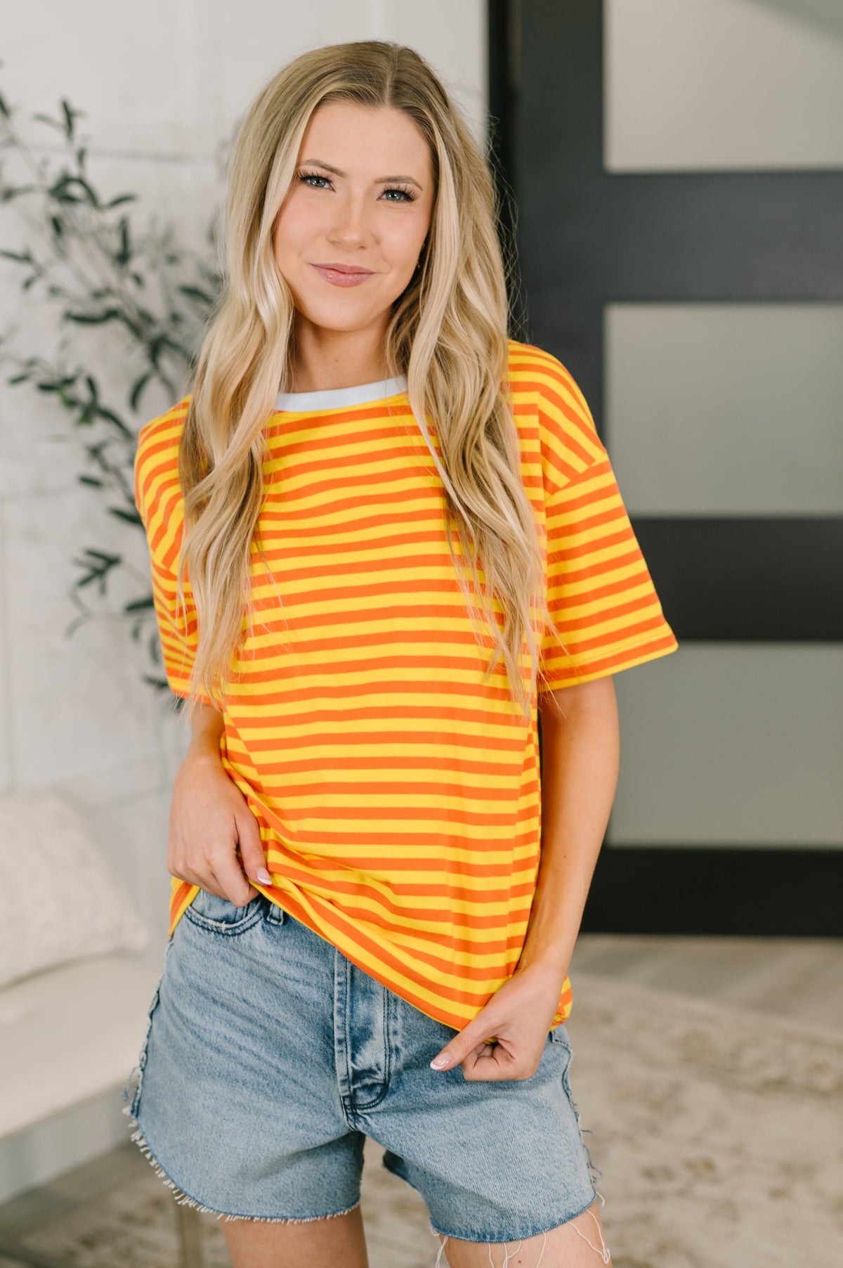 striped tee, orange yellow t-shirt, relaxed fit cotton top, women's jersey knit shirt, casual drop shoulder tee, summer striped shirt, comfortable cotton tee