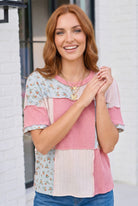 patchwork floral top, pink and blue top, ribbed knit top, flutter sleeve top, ditsy floral shirt, women's mixed media top, ruffle trim top, casual brunch outfit, boxy silhouette top