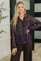 Polka dot blouse, chiffon button up, women's dressy tops, roll tab sleeve shirt, whimsical workwear, sheer dot blouse, versatile office tops, colorful chiffon shirt, boutique blouses.