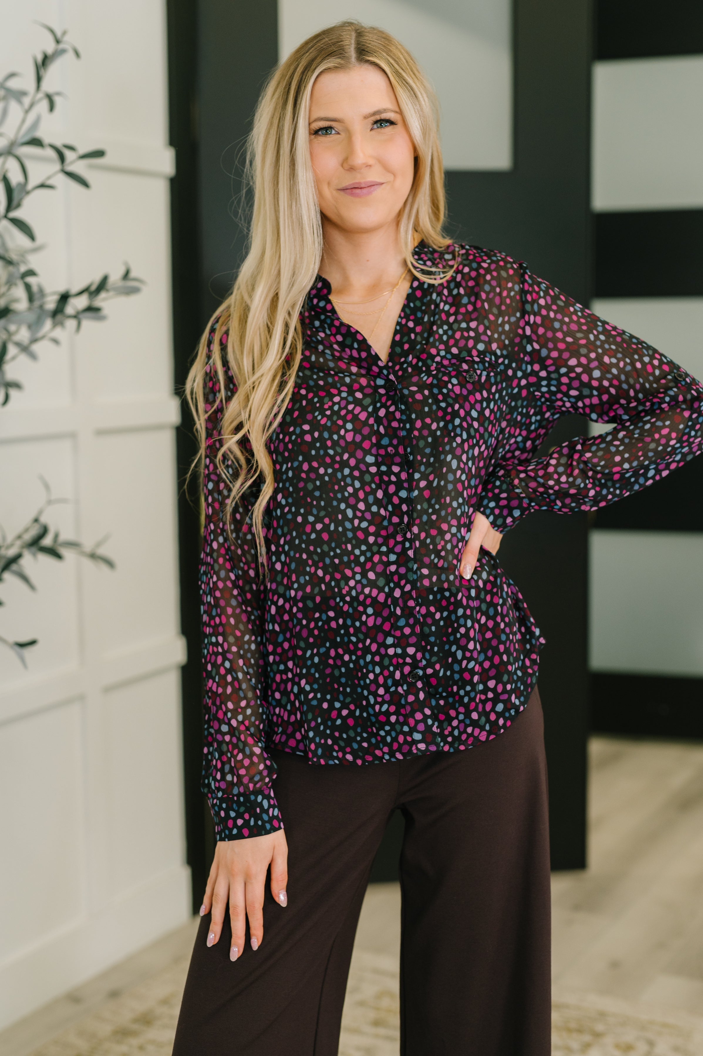 Polka dot blouse, chiffon button up, women's dressy tops, roll tab sleeve shirt, whimsical workwear, sheer dot blouse, versatile office tops, colorful chiffon shirt, boutique blouses.