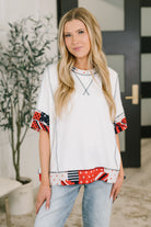 Patriotic patchwork top, cable knit ribbed shirt, women's dolman sleeve top, red white and blue graphic top, boxy fit knit, exposed seam fashion, high stretch casual top.