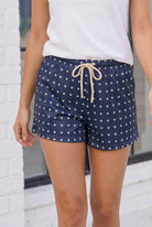 Navy star shorts, patriotic apparel, women's lounge shorts, summer drawstring shorts, star print clothing, casual navy shorts, 4th of July outfits, lightweight summer shorts.