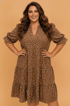 Plus size dress, polka dot mini dress, V-neck shift dress, curvy fashion, tiered mini dress, boutique plus size clothing, 3/4 sleeve dress, effortless elegance.
