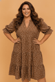 Plus size dress, polka dot mini dress, V-neck shift dress, curvy fashion, tiered mini dress, boutique plus size clothing, 3/4 sleeve dress, effortless elegance.