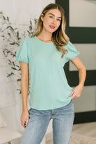 Mint puff sleeve blouse, cable knit top, balloon sleeve shirt, women's mint green blouse, ribbed knit top, Grace & Virtue clothing, summer knit top, elegant casual blouse, pastel knit shirt.