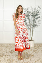 Tiered midi dress, flutter sleeve dress, floral summer dress, boho tiered dress, lace trim midi, lightweight women's dress, cottagecore fashion, whimsical floral dress.