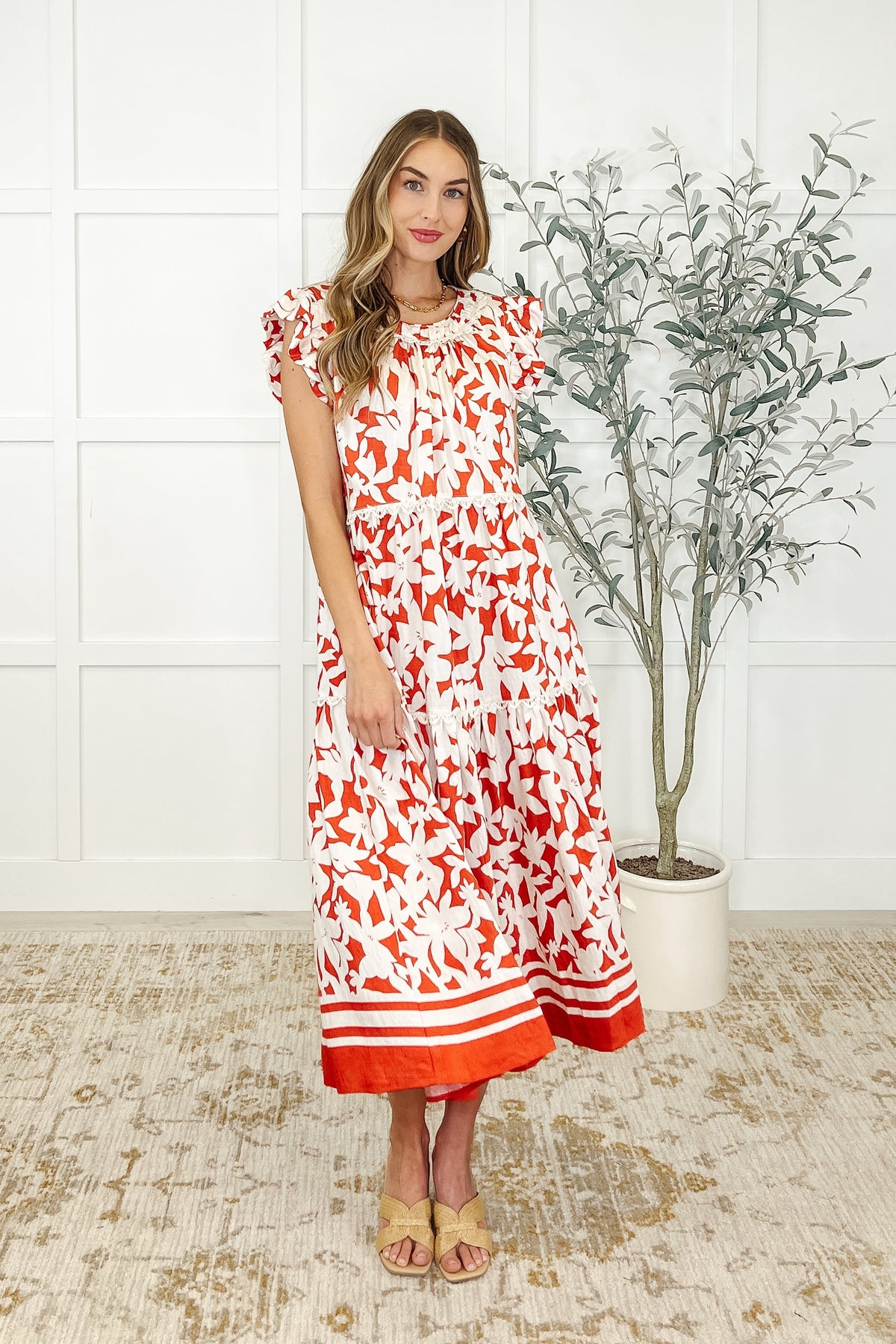 Tiered midi dress, flutter sleeve dress, floral summer dress, boho tiered dress, lace trim midi, lightweight women's dress, cottagecore fashion, whimsical floral dress.
