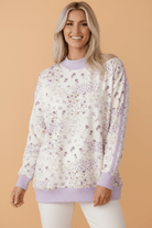 floral sweatshirt, mock neck pullover, women's colorblock top, lavender floral sweater, long sleeve floral top, casual chic apparel, breathable sweatshirt, spring floral fashion