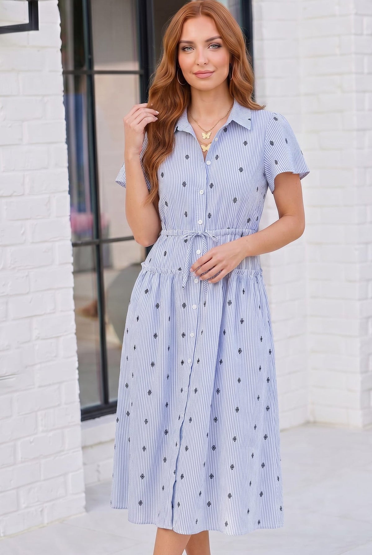 Blue striped midi dress, embroidered shirt dress, flutter sleeve midi, drawstring waist dress, summer brunch outfit, casual button-down dress, lightweight woven dress.