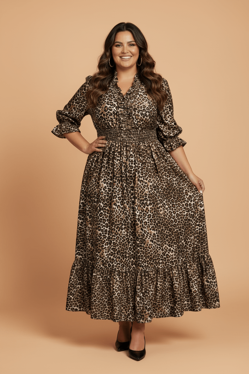 Plus size leopard dress, animal print maxi dress, smocked waist dress, plus size boutique clothing, flattering plus size fashion, ruffle sleeve maxi, 100% viscose dress.