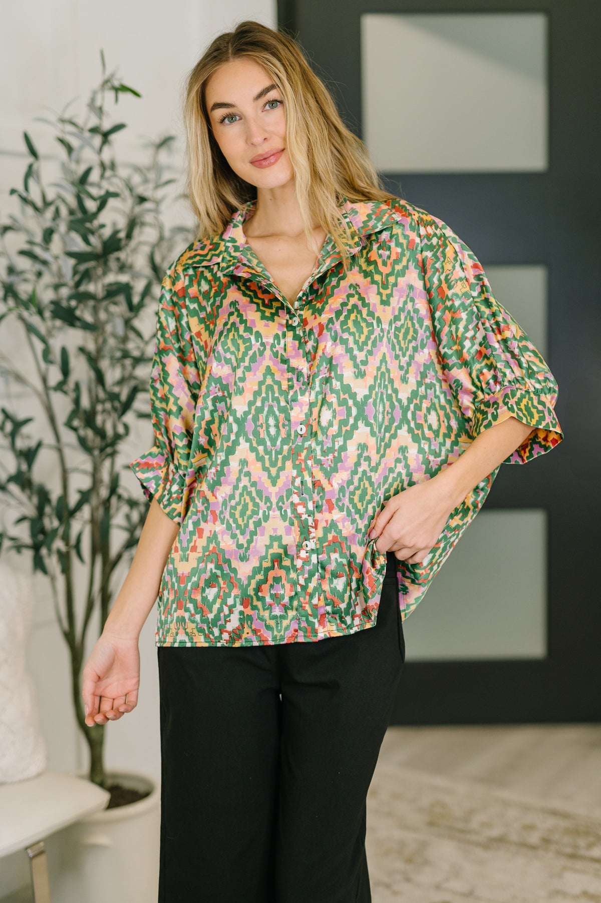 Satin Blouse, Geometric Print Top, Dolman Sleeve Shirt, Women's Button Up, Optical Illusion Fashion, Colorful Silky Blouse, Boho Chic Workwear, Lightweight Satin Top.