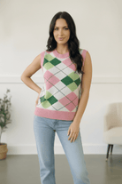 argyle sweater vest, pastel knit vest, pink and green argyle, women's sleeveless sweater, vintage style vest, preppy aesthetic clothing, relaxed fit knitwear, pastel pink sweater, fabknits apparel