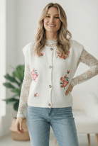 floral sweater vest, rose embroidered vest, vintage knit vest, button down sweater vest, feminine layering piece, cozy knitwear, cottagecore vest, women's embroidered vest, white floral knit top