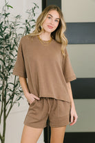 brown lounge set, ribbed knit matching set, two-piece short set, women's leisurewear, cable knit set, cozy loungewear, drawstring shorts set, high-stretch lounge set